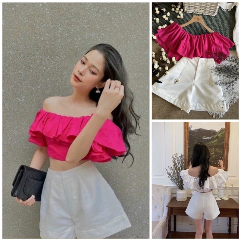[Shop bigsize nữ 50kg đến 90kg] Set ÁO CROPTOP bẹt vai mix short -SBV66