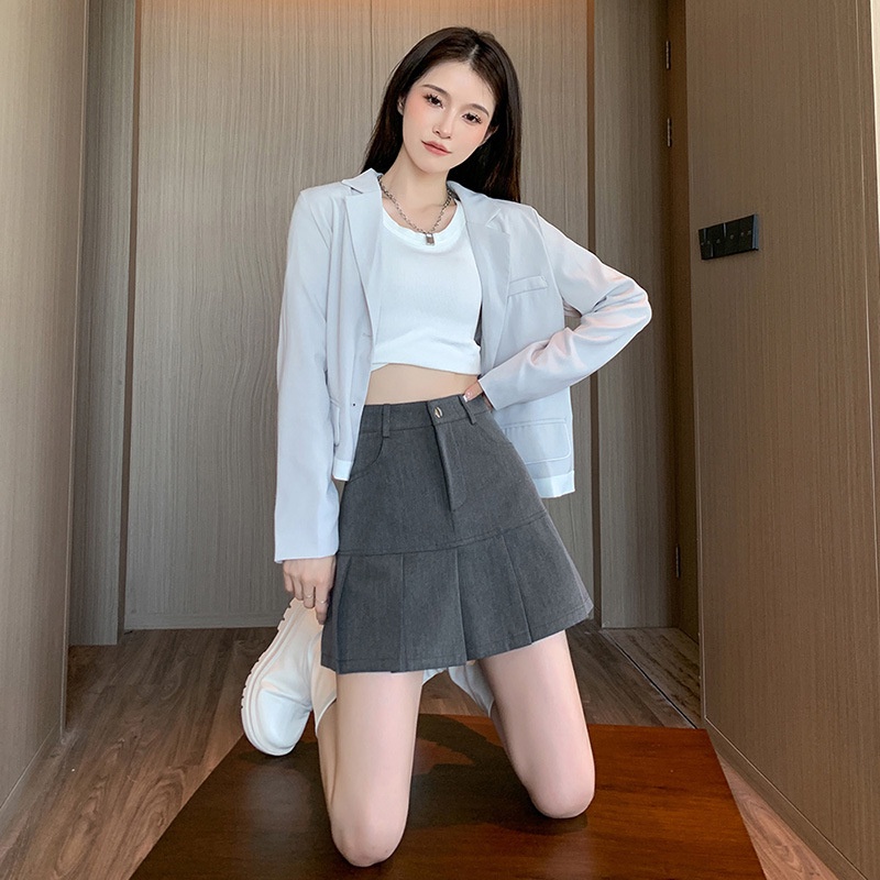 Chân váy DIDIKA dáng chữ A xếp ly lưng cao phong cách preppy thời trang xuân thu 2022