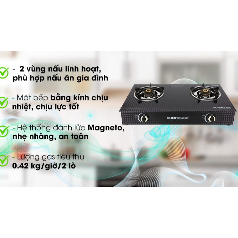 BẾP GAS DƯƠNG KÍNH SUNHOUSE SHB3366MT  chính hãng-Tặng dây gas- Hệ thống đánh lửa Magneto tạo tia lửa nhanh