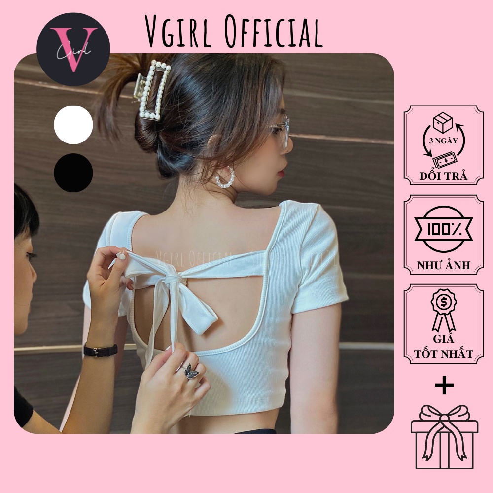 Áo croptop nữ VGIRL khoét lưng cột nơ, cổ chữ U [ẢNH ĐỘC QUYỀN]