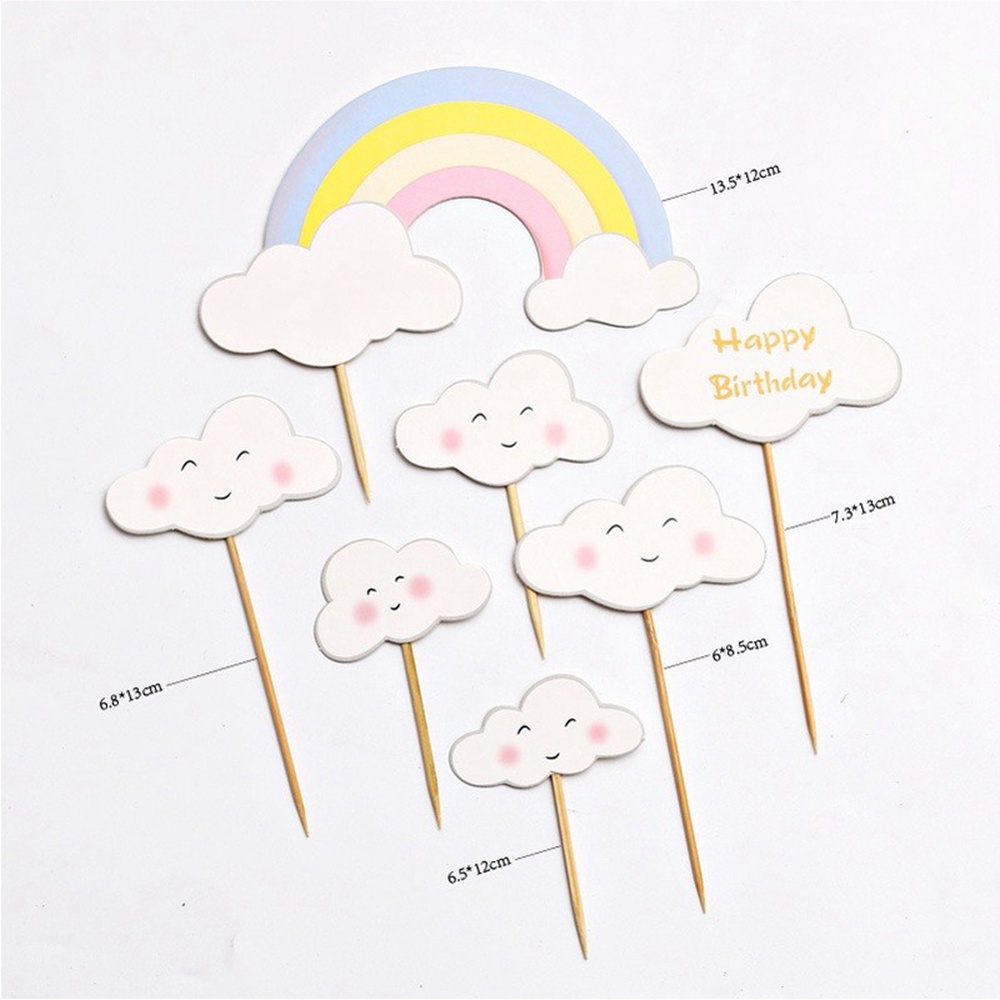 1 Set Phụ Kiện Thẻ Trang Trí Bánh Kem Sinh Nhật Hình Hoa/Mặt Cười/Đám Mây/Cầu Vồng Dễ Thương