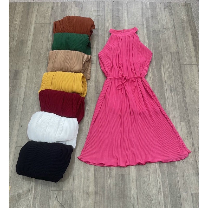 Đầm dáng suông dập ly cổ yếm cột nơ siêu đẹp hình thật trải sàn