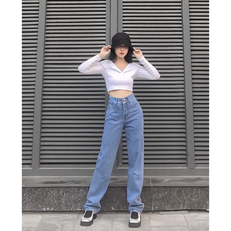 [ VÒNG VÈO ] QUẦN JEANS ỐNG RỘNG NỮ LƯNG CAO 2 NÚT LAI CUỐN FORM DÀI RỘNG MÀU XANH NHẠT CAO CẤP NITIQC CỰC TREND
