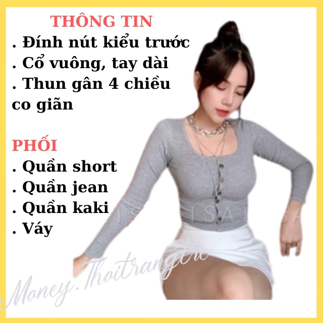 Áo Croptop CRT Nữ Thun Gân Cổ Vuông Chữ U Dài Tay Kiểu Phối Khuy Nút Ôm Body Xám Đen Trắng Tay Dài Mềm Mịn Sexy Quyến Rũ