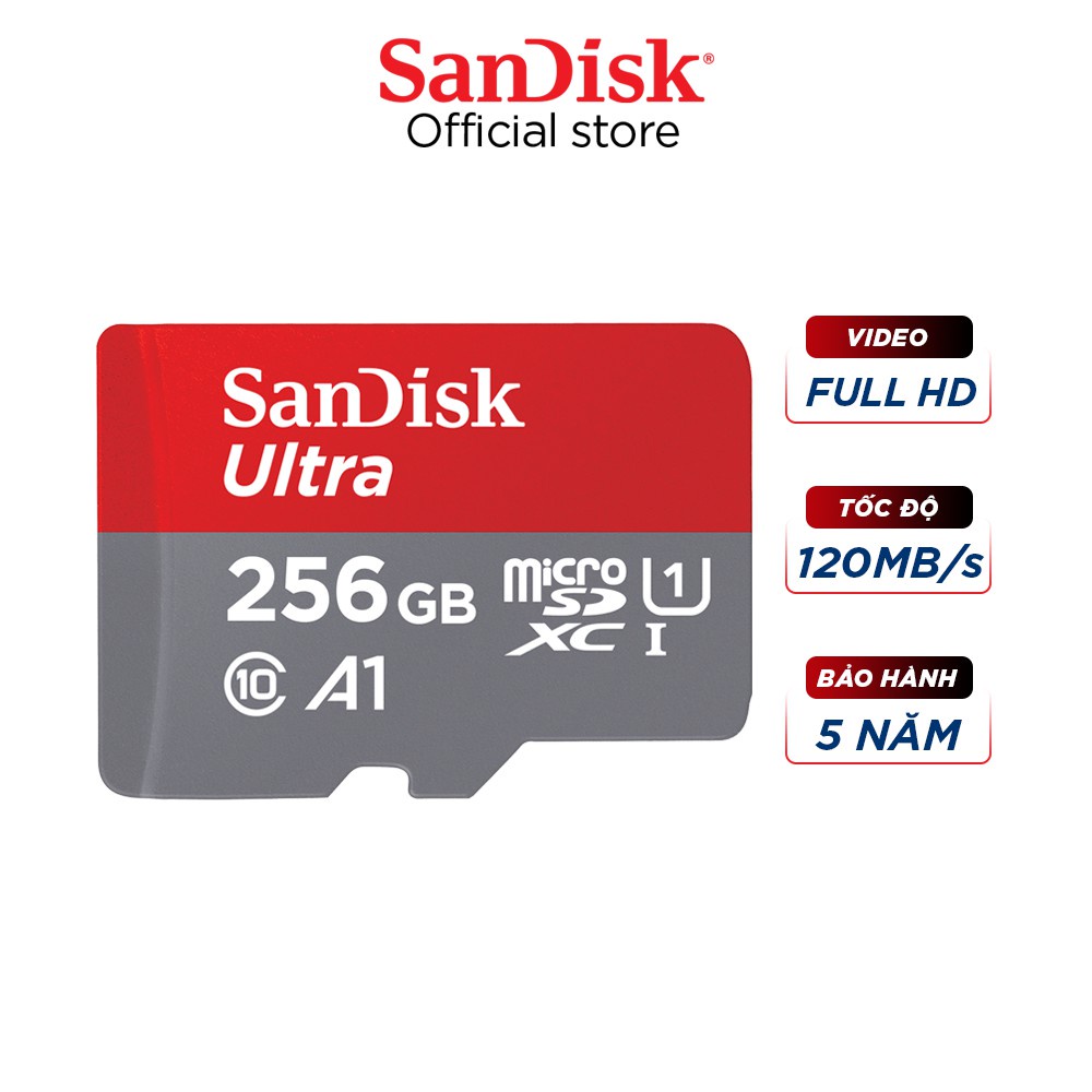 Thẻ nhớ microSDXC SanDisk 256GB Ultra A1 UHS-I tốc độ upto 120MB/s (Đỏ xám)