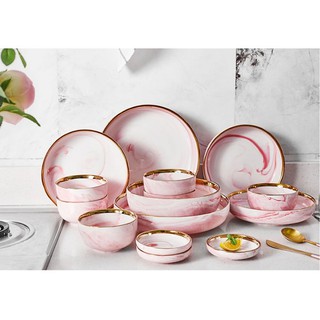 Bộ bát đĩa 32 món vân đá cẩm thạch trắng hồng viền vàng cao cấp SANG TRỌNG, PHONG CÁCH CHẤU ÂU