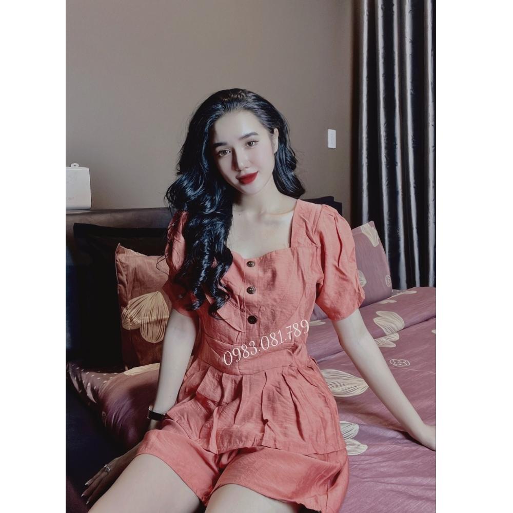 Sét Bộ Đũi Thái Áo Xếp Ly Cổ Vuông Quần Short , Bộ Đũi Hàn Mặc Nhà, Đi Chơi, Đi Biển