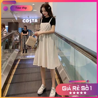 VÁY YẾM DÀI QUA GỐI BÁNH BÈO ĐI KÈM ÁO THUN NGẮN TAY.