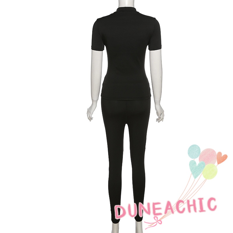 DUNEA Set Áo Thun Ngắn Tay Cổ Cao Và Quần Dài Lưng Cao Màu Trơn Thời Trang Cho Nữ
