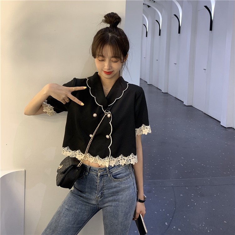 IELGY   Áo Sơ Mi Ngắn Tay Phối Ren Phong Cách Pháp Cổ Điển Thiết Kế Mới 2020 Dành Cho Bạn Nữ