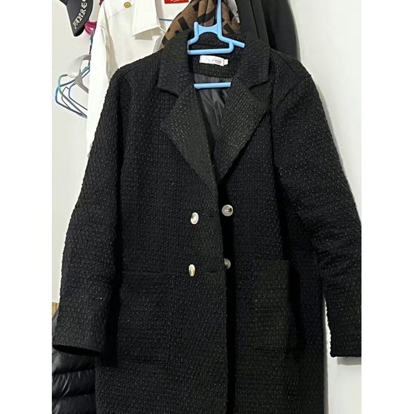 Áo khoác dạ tweed suông cổ vest dáng dài trắng đen