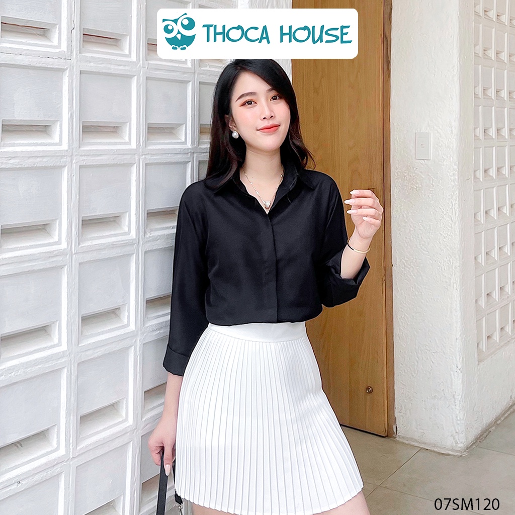 Áo sơ mi trơn tay dài basic nút ẩn THOCA HOUSE freesize dưới 56kg phù hợp đi học, đi làm công sở, đi chơi