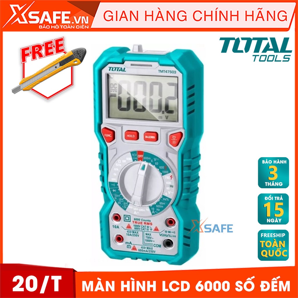 Đồng hồ đo điện vạn năng TOTAL TMT47503 Thiết bị đo điện cầm tay màn hình LCD 6000 số đếm, có đèn nền, đèn chiếu sáng