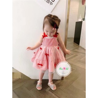 Váy kẻ phối ren nơ đỏ bé gái