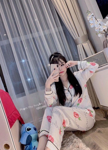 Bộ ngủ pijama lụa dài tay quần dài