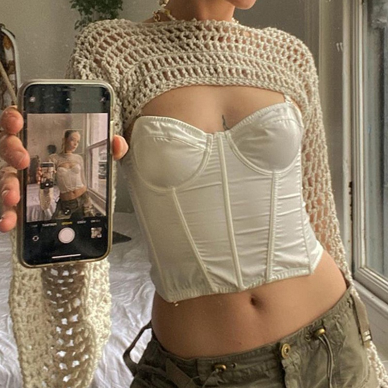 Áo Croptop Dệt Kim Phối Lưới Tay Dài 2000s 90S Thời Trang Đường Phố Cho Bạn Gái