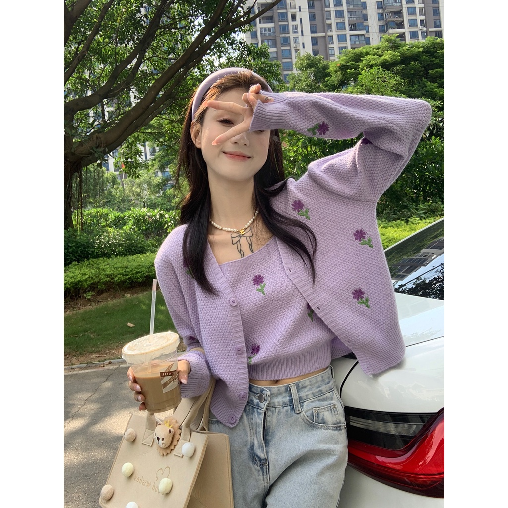 Bộ Áo Hai Dây Thêu Hoa + Áo Khoác Cardigan Dệt Kim Ngắn Thời Trang Hàn Quốc Cho Nữ