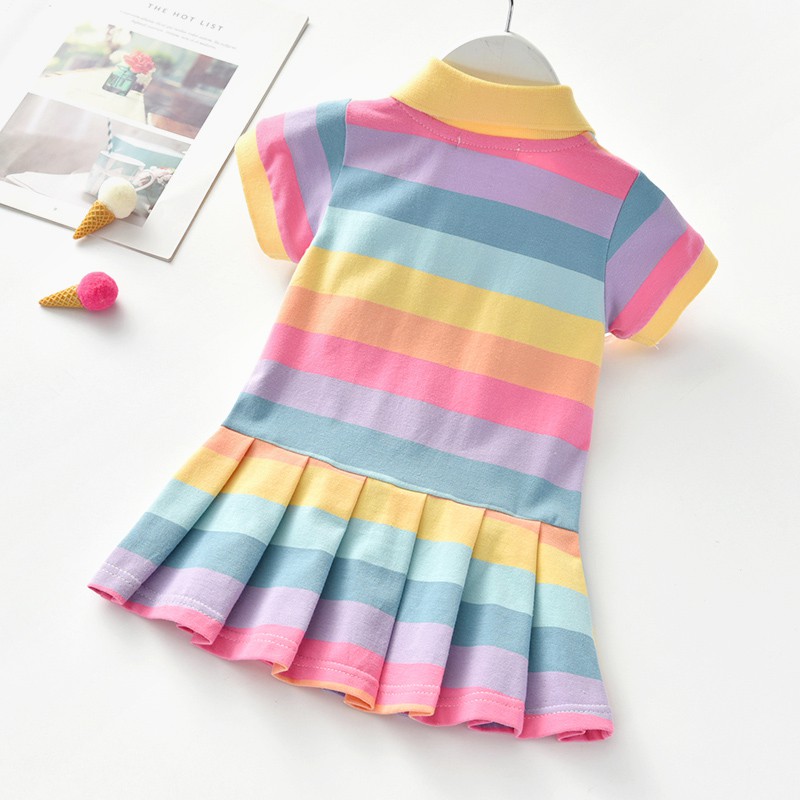 Bộ Áo Cotton Kẻ Sọc Màu Cầu Vồng Phối Chân Váy Thời Trang Mùa Hè Cho Bé Gái 0