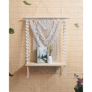 Kệ treo tường nghệ thuật macrame thanh gỗ thẳng