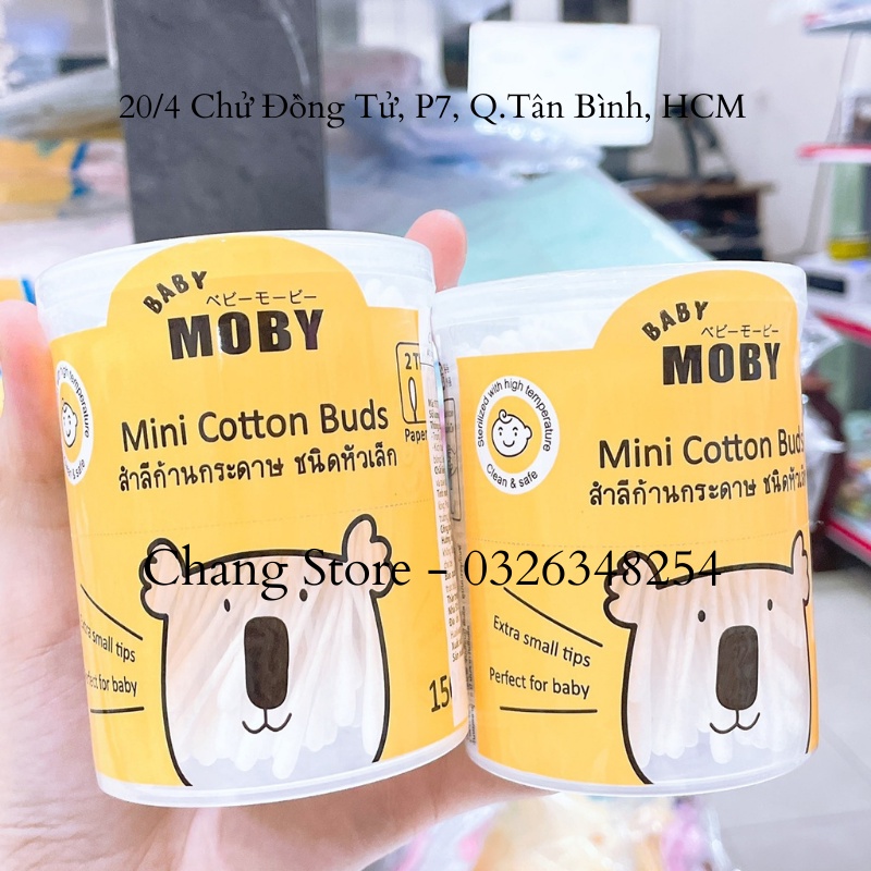 Hộp 150 Cây Tăm Bông Moby Baby Cỡ Nhỏ 100% Cotton