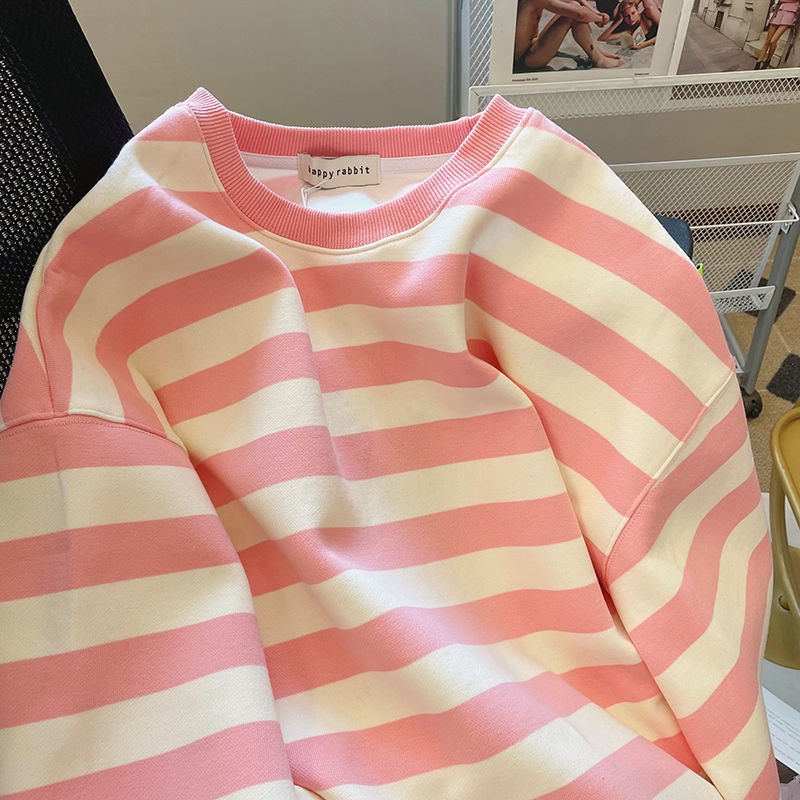 Áo sweater Cổ Tròn Dáng Rộng Họa Tiết Kẻ Sọc Phong Cách Hàn Quốc Thời Trang Thu Đông Mới Cho Nữ