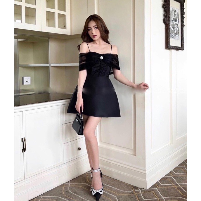 Váy,Đầm Trễ Vai Lưới Đính Cúc Tiểu Thư Chất Liệu Tafta Cao Cấp