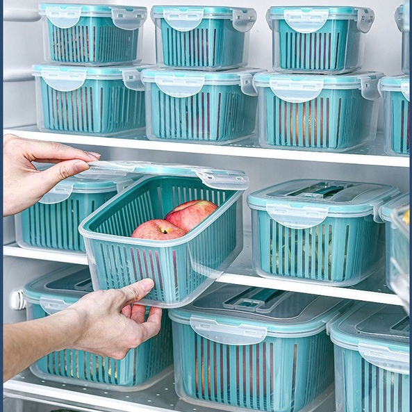 Set 5 Hộp Đựng Thực Phẩm 2 Lớp Tách Nước Dạng Rổ Ráo Nước, Hộp Đựng Thực Phẩm Bảo Quản Tủ Lạnh Đa Năng
