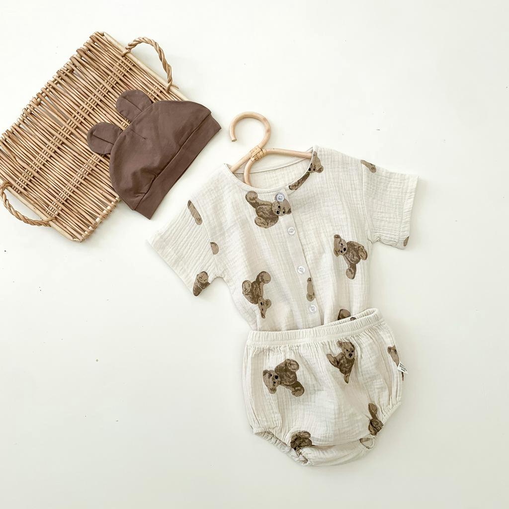 Bộ Quần Áo Ngủ Ngắn Tay Hình Gấu Cho Bé Sơ Sinh