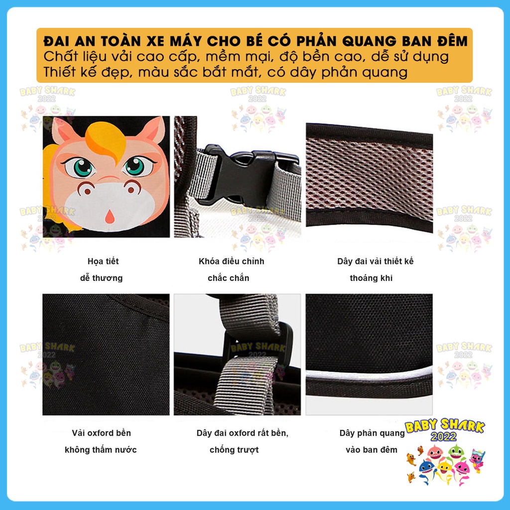 Đai xe máy cho bé an toàn, họa tiết đáng yêu, có dây phản quang ban đêm