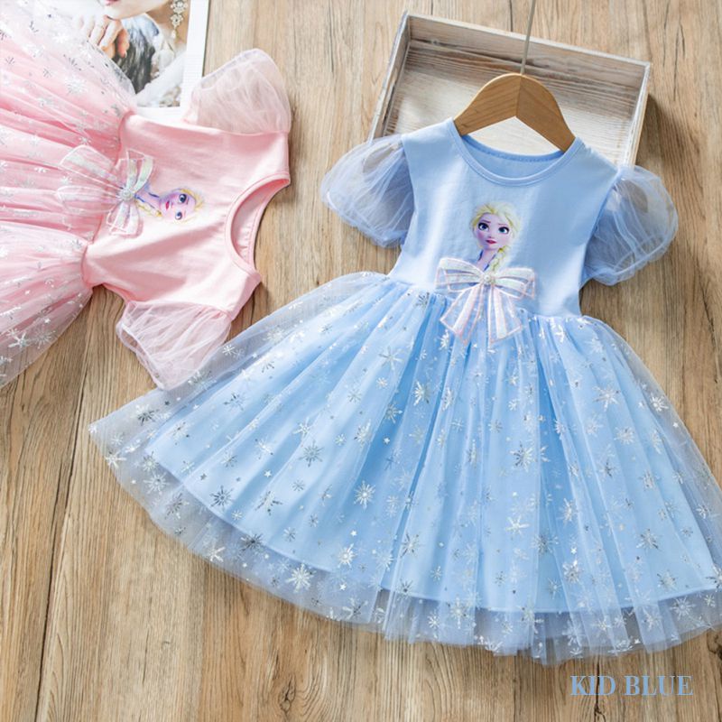 Váy Lưới Thắt Nơ In Hình Hoa Tuyết Elsa Cho Bé Gái