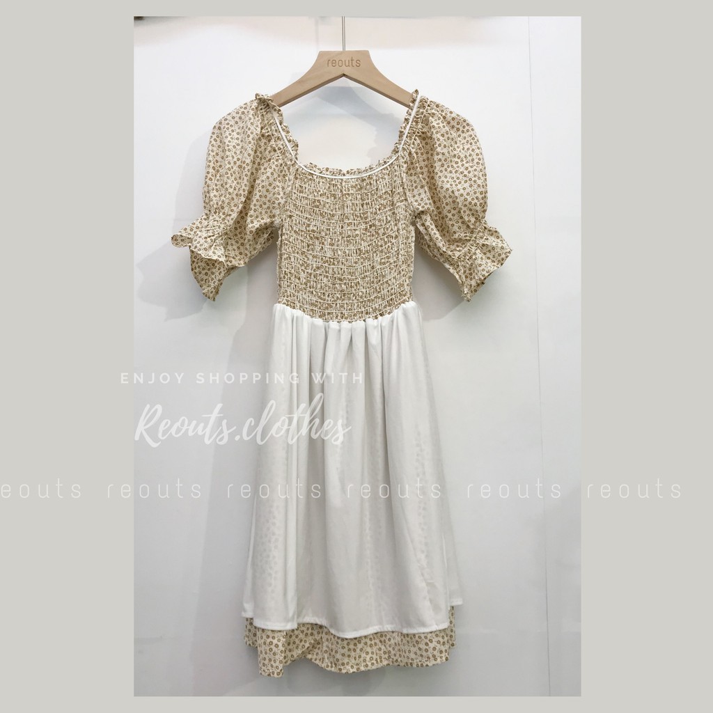 Váy xòe hoa nhí dáng trễ vai và ngực vuông Ảnh thật Thời trang nữ Reouts | BigBuy360 - bigbuy360.vn