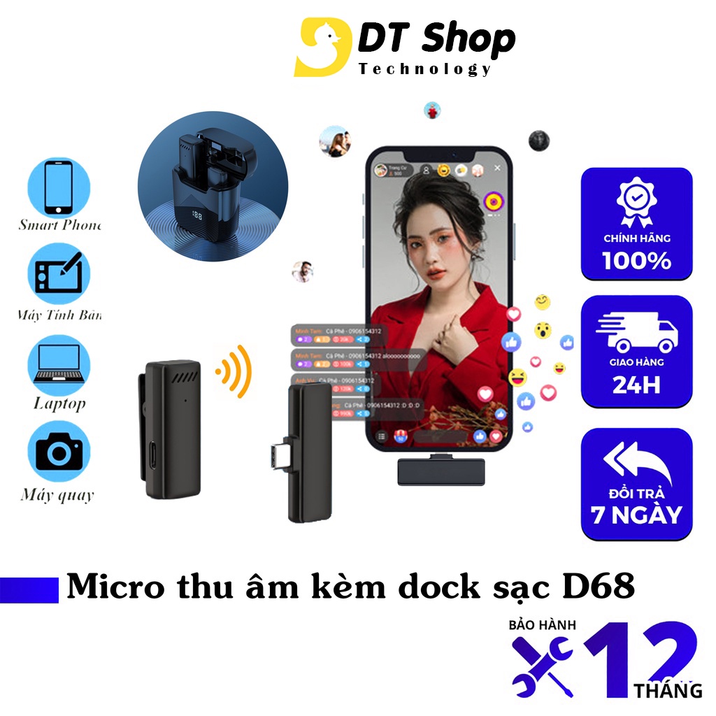 Micro thu âm không dây cài áo D68 kèm Dock sạc, Mic thu âm khử tiếng ồn khi livestream, quay video