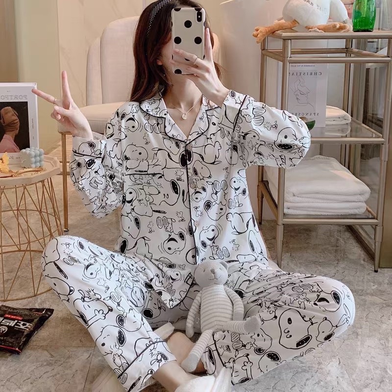 Bộ Ngủ Pijama Nữ Dáng Dài Mặc Nhà Chó, Cún Trắng Thu Đông Kate Form Rông