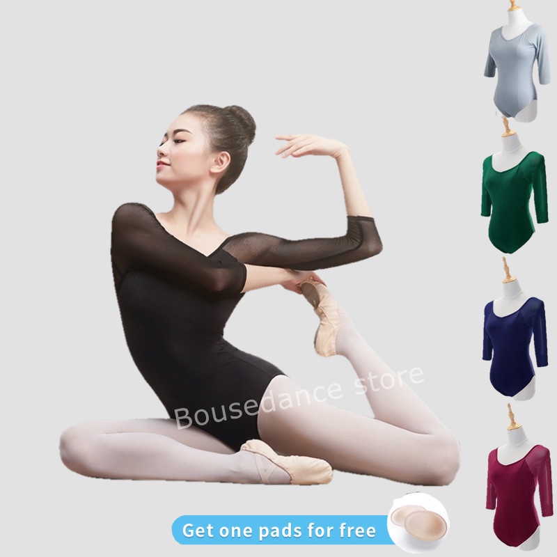 Bộ trang phục liền thân bằng cotton phối lưới màu đen dành cho nữ múa ba lê