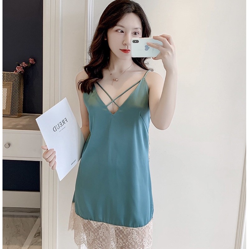 Váy ngủ lụa dây chéo ngực phối đuôi ren cực xinh ( hàng sẵn )