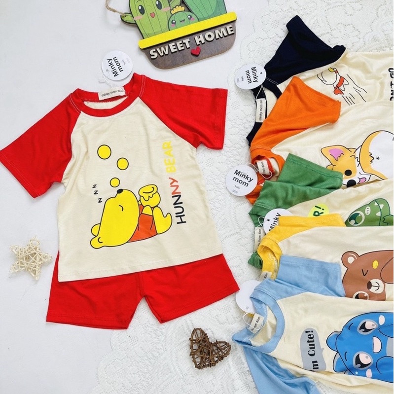 NT047 Bộ cộc tay thun lạnh Minky Mom phối tay giáp lăng in hình con vật đáng yêu cho bé
