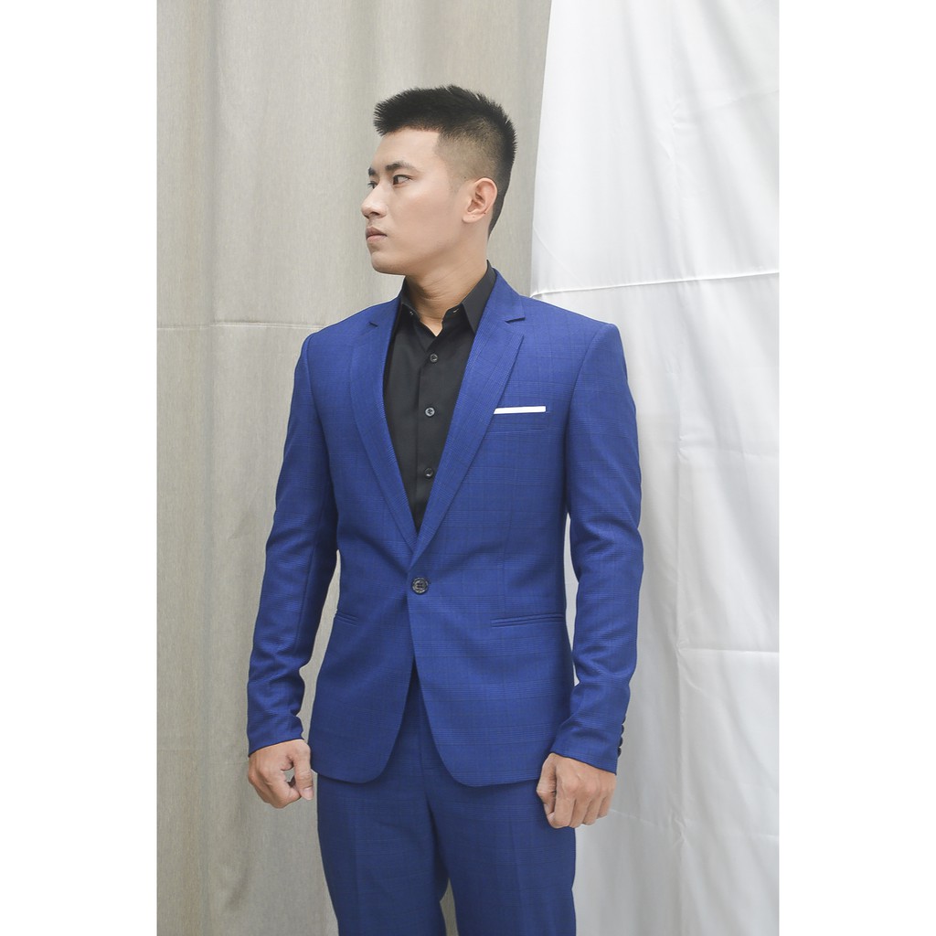 Bộ vest nam 1 nút ôm body màu xanh coban sọc caro chìm