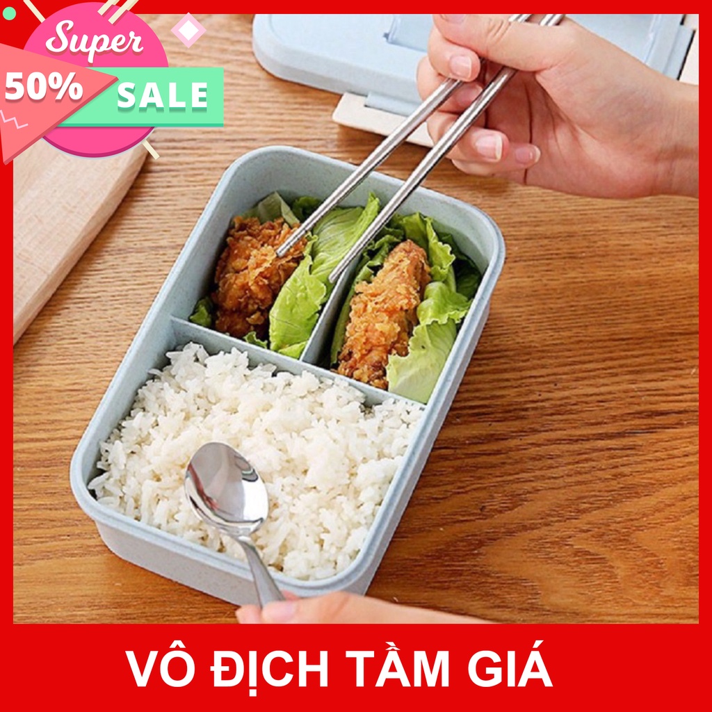 Hộp cơm lúa mạch 3 ngăn tặng kèm thìa đũa inox cao cấp,chịu nhiệt