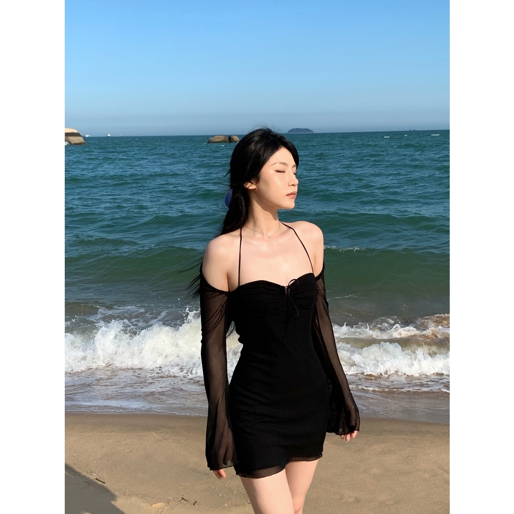 Đầm body đen thun phối lưới trễ vai kèm ảnh thật