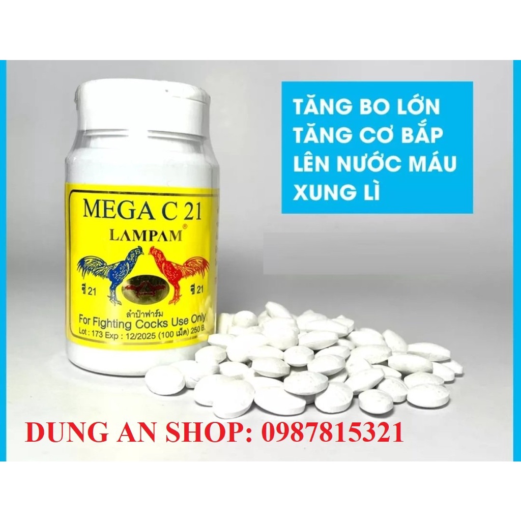 MEGA C21 CHO GÀ CHỌI, GÀ NÒI, GÀ ĐÁ. BỒI BỔ GÂN CỐT, TĂNG BO ĐÁ, BỀN SỨC CHO GÀ ĐÁ. LỌ 100 VIÊN
