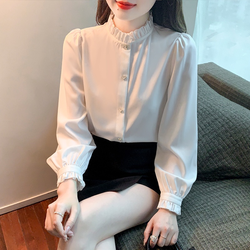 Áo Sơ Mi chiffon Màu Trắng Đính Nút Hình Trái Tim Thanh Lịch Thời Trang Xuân Hè Cho Nữ