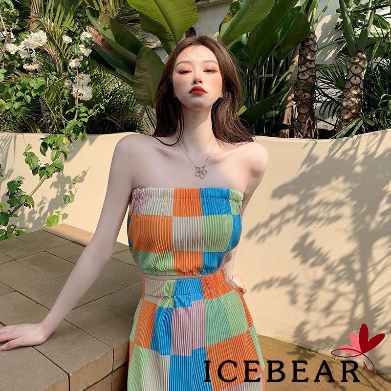 Set Đồ 2 Món Gồm Áo Không Tay Không Dây Họa Tiết Sọc Caro + Quần Lưng Thun Cao Ống Rộng Cho Nữ