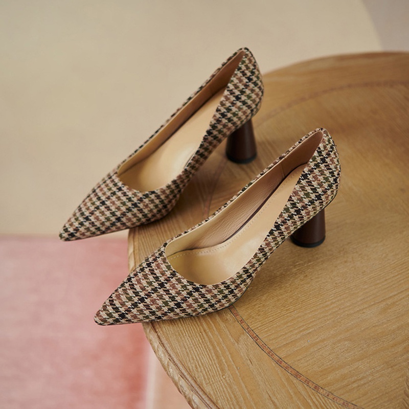 Giày cao gót IELGY mũi nhọn họa tiết houndstooth thời trang retro Pháp màu sắc cho nữ