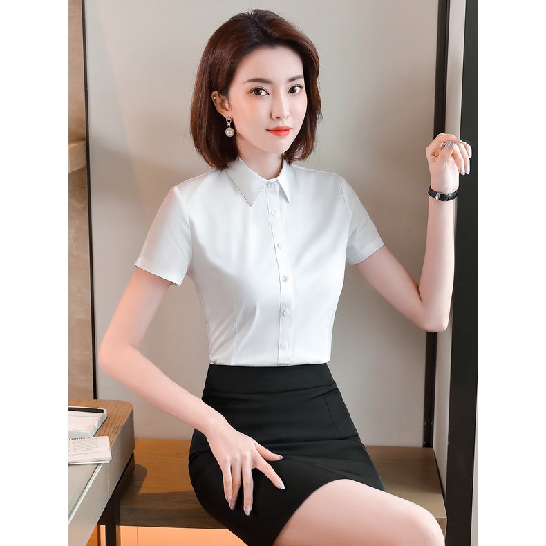 Sơ mi nữ công sở màu trắng, xanh tay cộc, cổ đức cơ bản dáng ôm chất liệu thô Nhật Quyên Fashion AA571