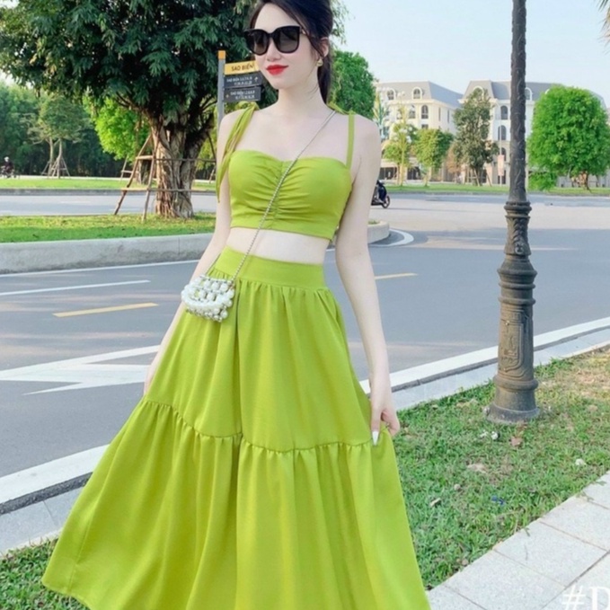 Set Đi Biển Nữ, Áo 2 Dây Phối Chân Váy Xòe Thiết Kế Thanh Lịch, Dịu Dàng Cho Nàng Thêm Duyên Dáng Xm Minh Phúc