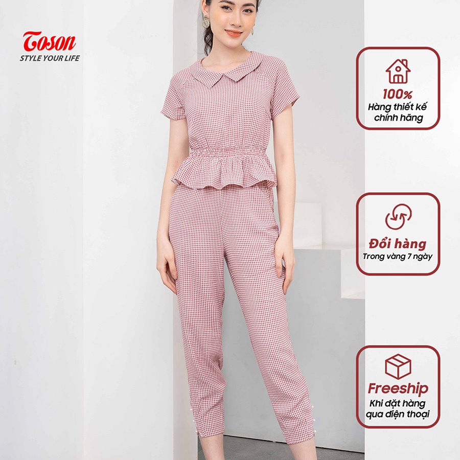 Bộ đũi mềm kẻ ô hồng đậm: Áo eo bo chun + Quần cạp chun -B1236P11 - TOSON