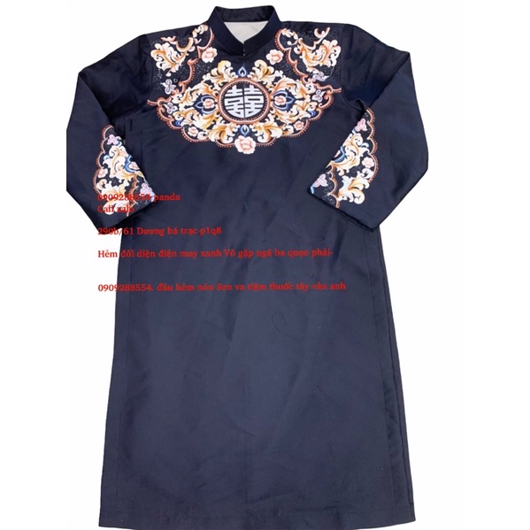 Áo dài nam xanh đen đỏ vẽ tay hoa văn sắc nét sang trọng