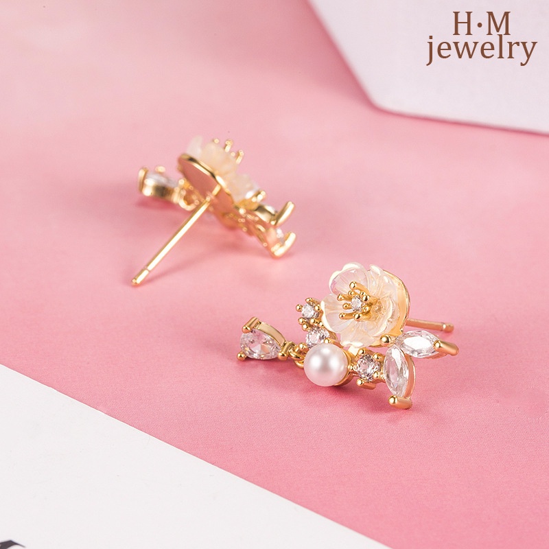 Khuyên Tai Hoa Mộc Lan Đính Đá Zircon Ngọc Trai Siêu Cổ Tích Sang Trọng Đơn Giản