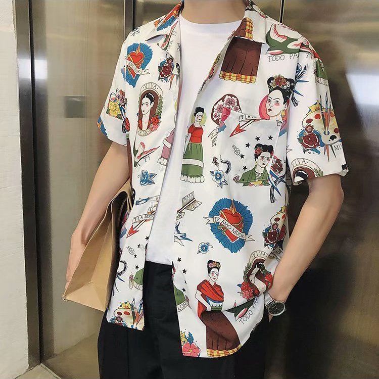 Áo Sơ Mi Nam Tay Dài Có Cổ Họa Tiết Chú Mèo Thời Trang