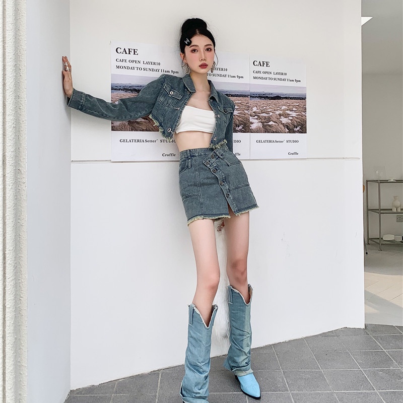 Set Áo Khoác Jeans Dài Tay + Chân Váy Jeans Thời Trang Nữ